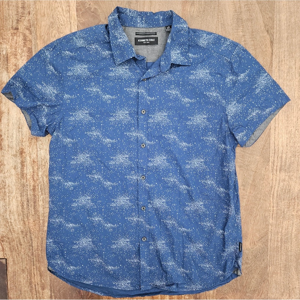 Kenneth Cole Button Up Shirt Men's Large Blue Pattern Short Sleeve 100% Cotton